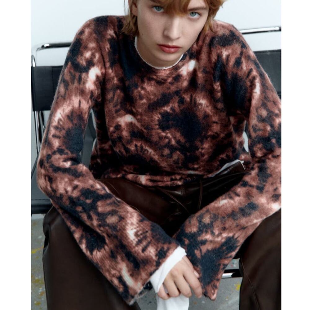 Zara Crewneck Knit Tie Dye Print Bell Sleeve Sweater in Brown